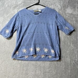 Vintage Liz Claiborne Top Womens Large Knit Floral Embroidery Cottage Fairy Boho